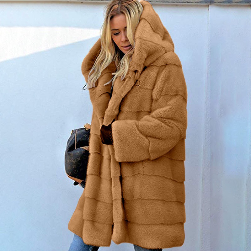 Mid-Length Solid Faux Fur Hooded Coat Loose Warm Casual