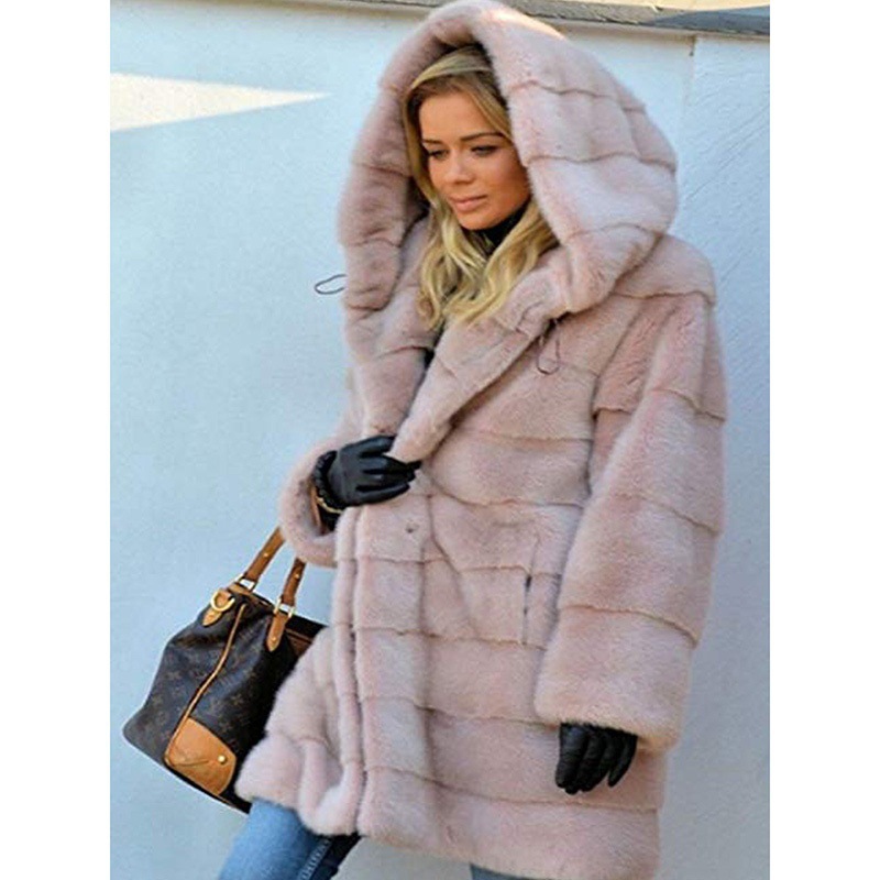 Mid-Length Solid Faux Fur Hooded Coat Loose Warm Casual