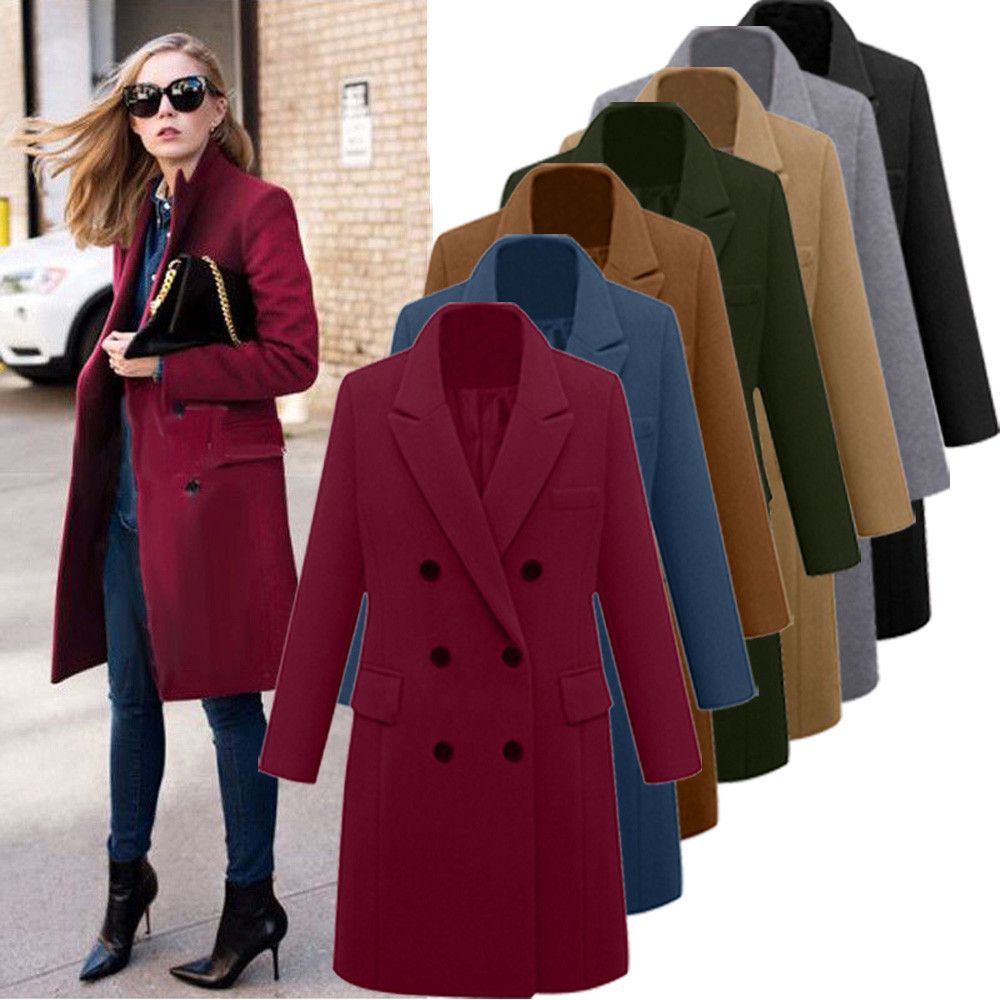 Women's Mid-Length Plus-Size Wool Coat Double-Breasted Solid Color