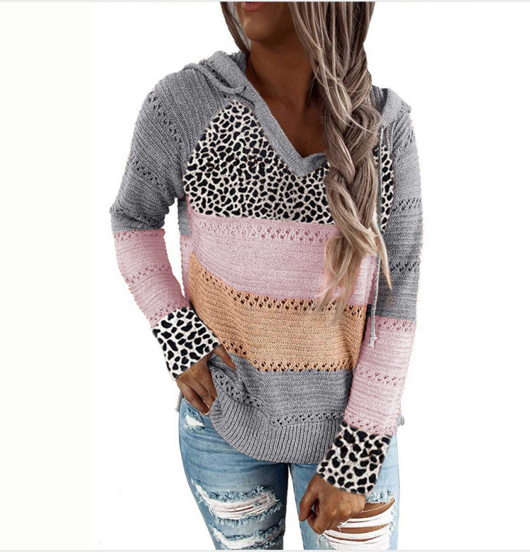 Striped Hooded Sweater with Leopard Print Cotton Blend Pullover