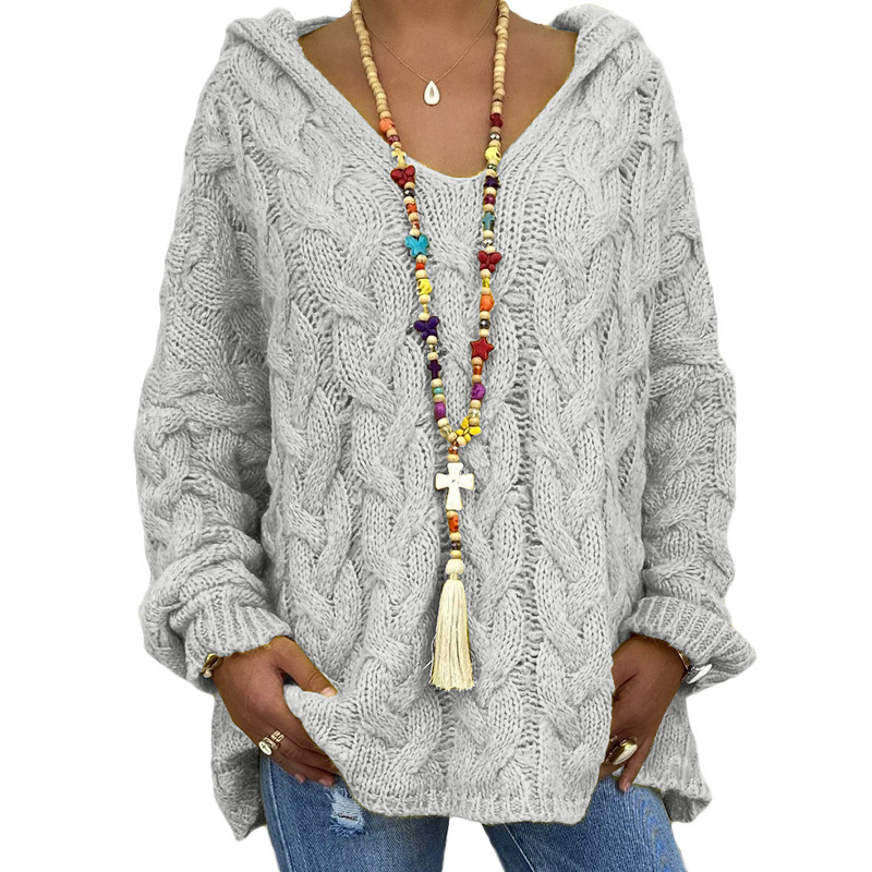 Women's Cable-Knit Hooded Sweater, Pure Color Pullover