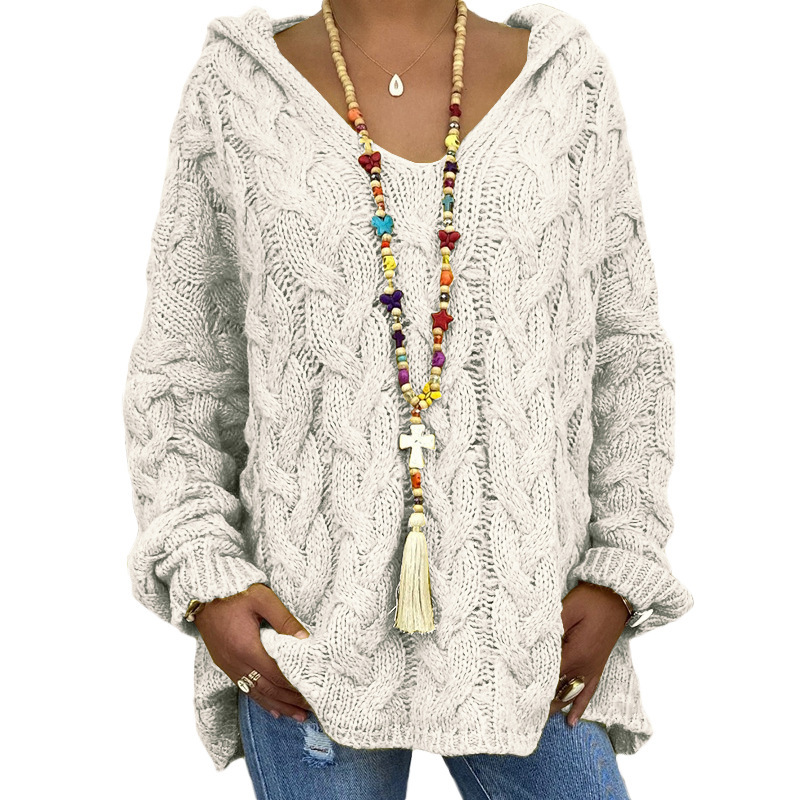 Women's Cable-Knit Hooded Sweater, Pure Color Pullover