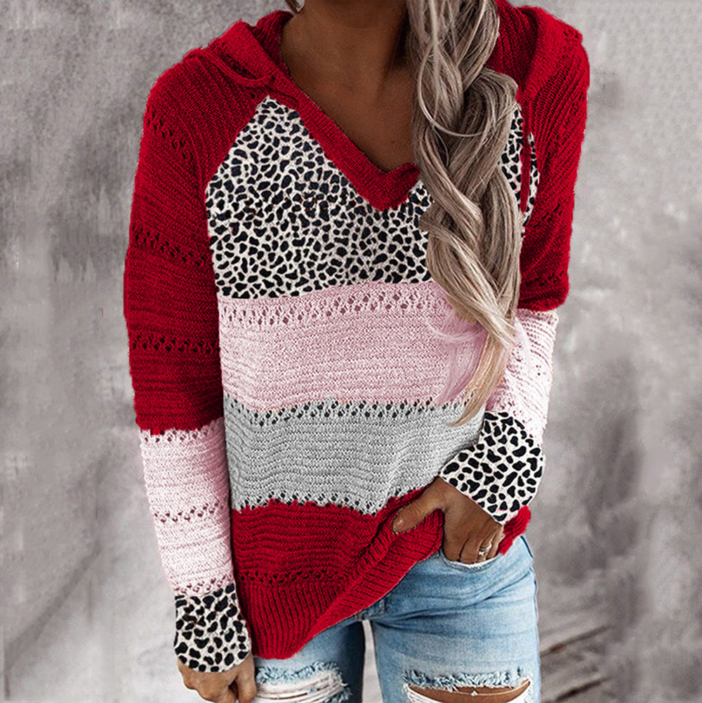 Striped Hooded Sweater with Leopard Print Cotton Blend Pullover