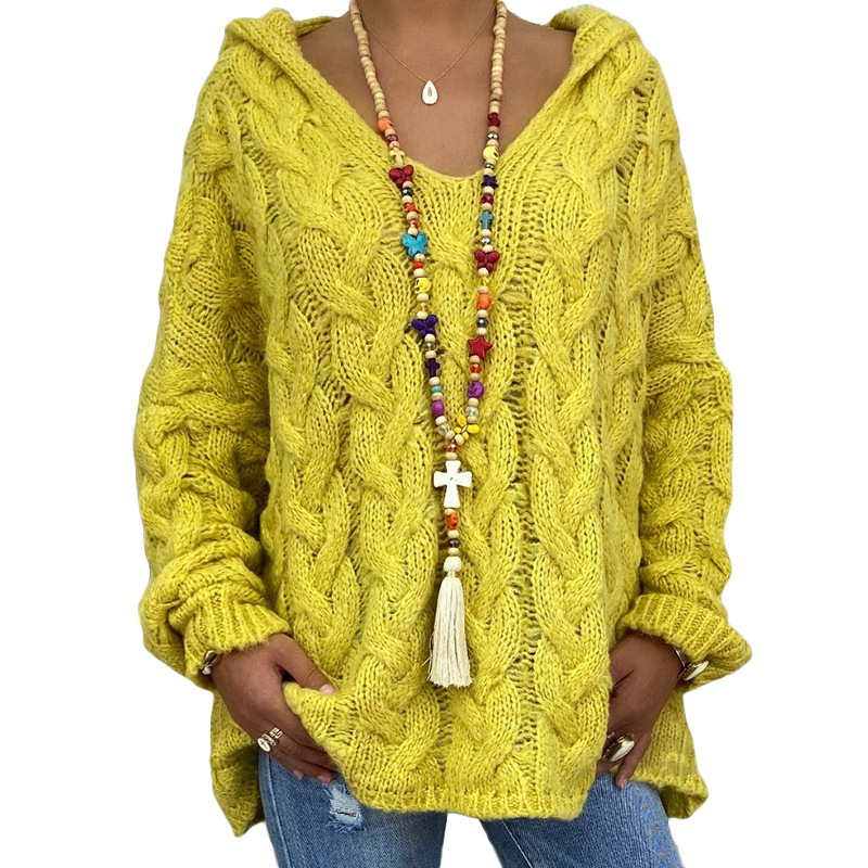 Women's Cable-Knit Hooded Sweater, Pure Color Pullover