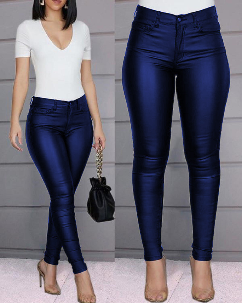 Solid PU Leather Skinny Pants Women's High Waist Sexy Long Pants