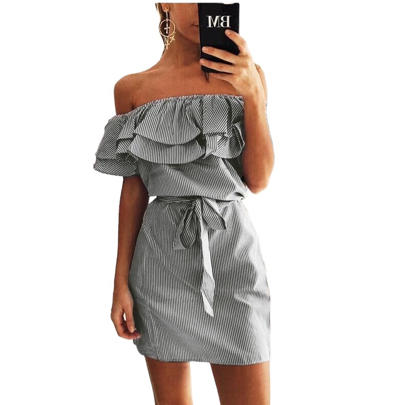 Striped Off-Shoulder Ruffle-Sleeve Dress