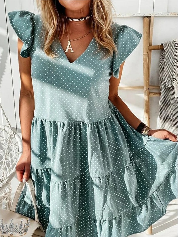 Digital Print V-Neck Ruffle Dress