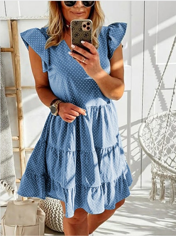 Digital Print V-Neck Ruffle Dress