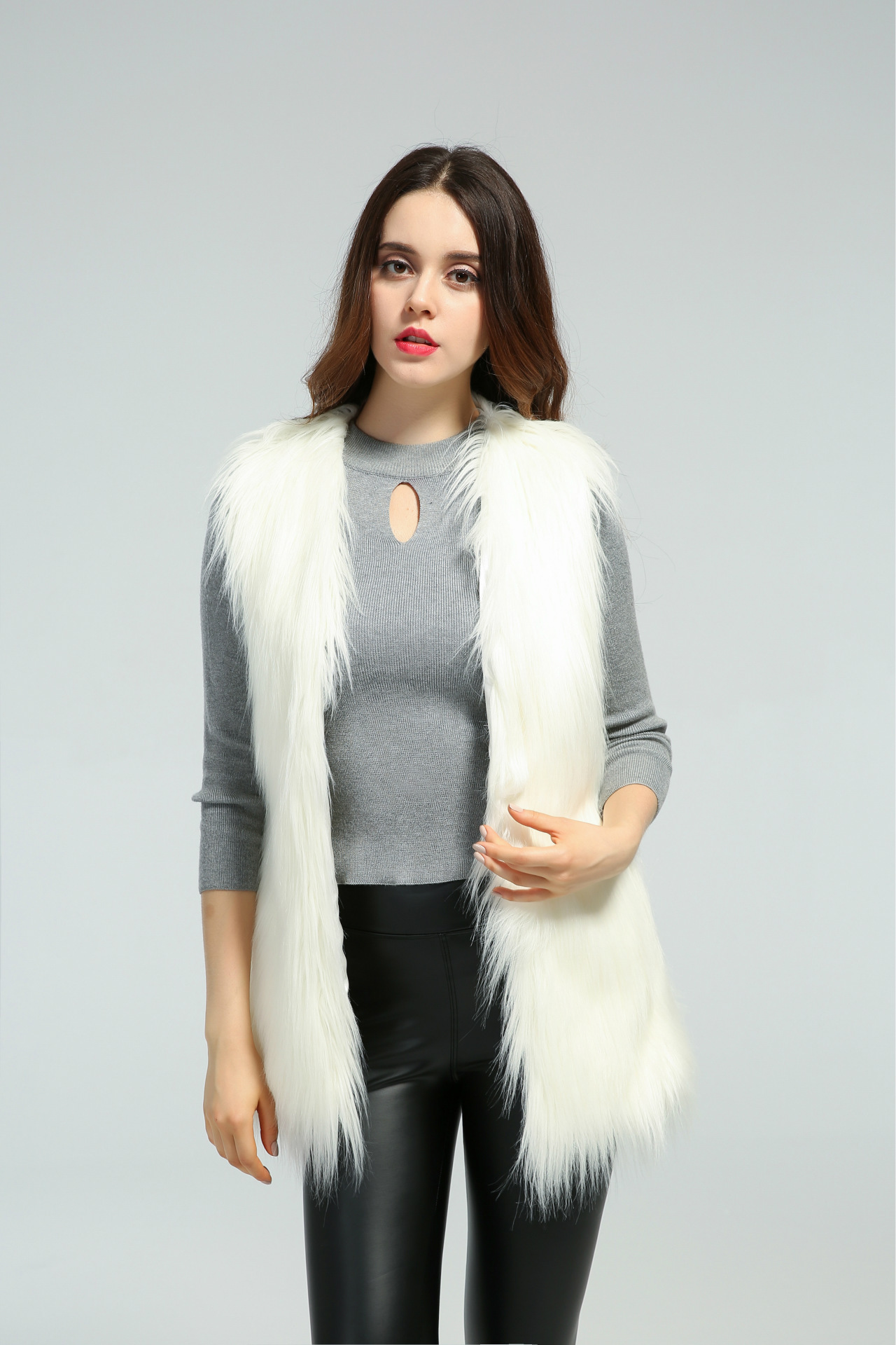 Faux Fur Vest Sleeveless Collarless Mid-Length 7 Colors