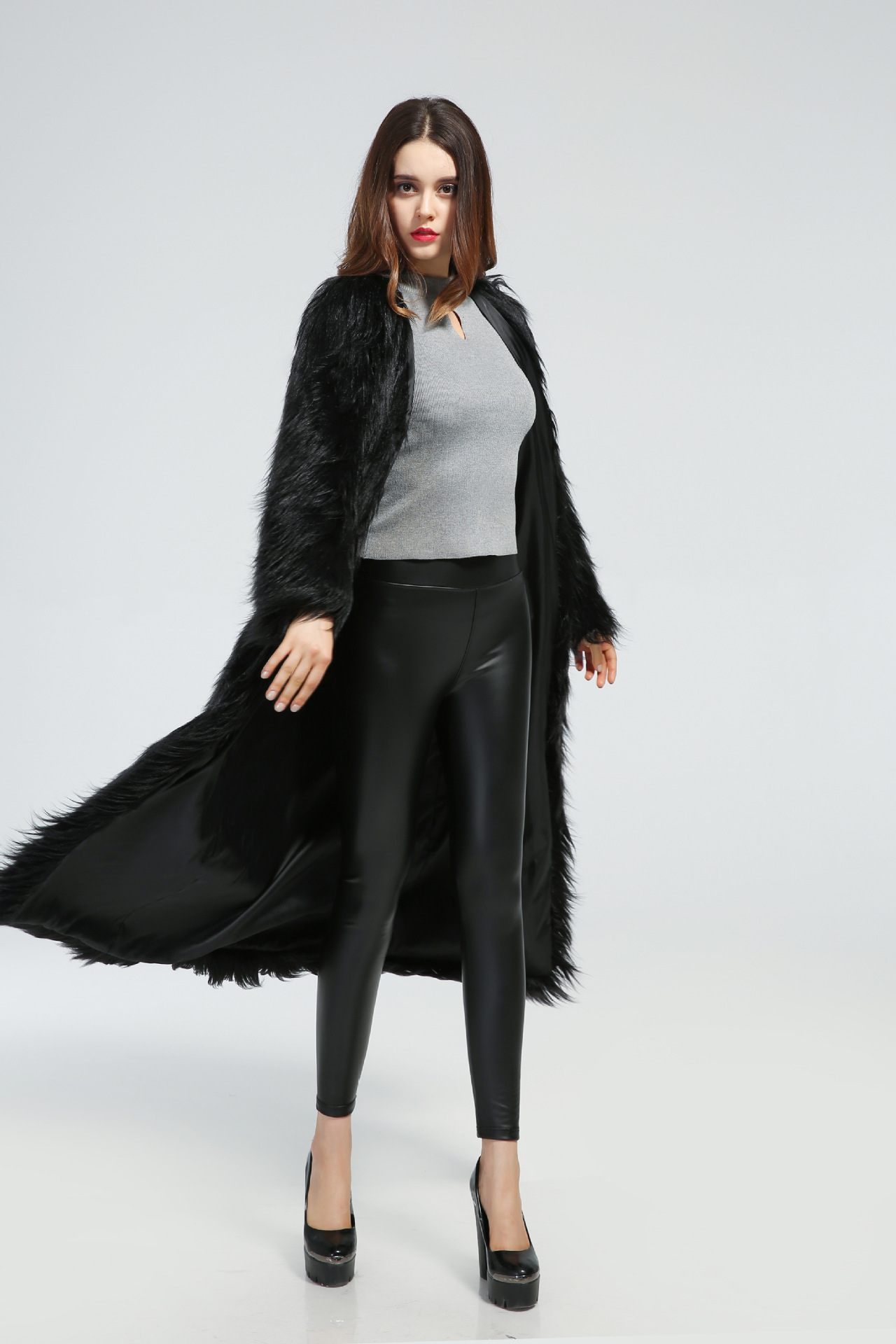 Oversized Faux Fur Coat Longline Round Neck Long Sleeve