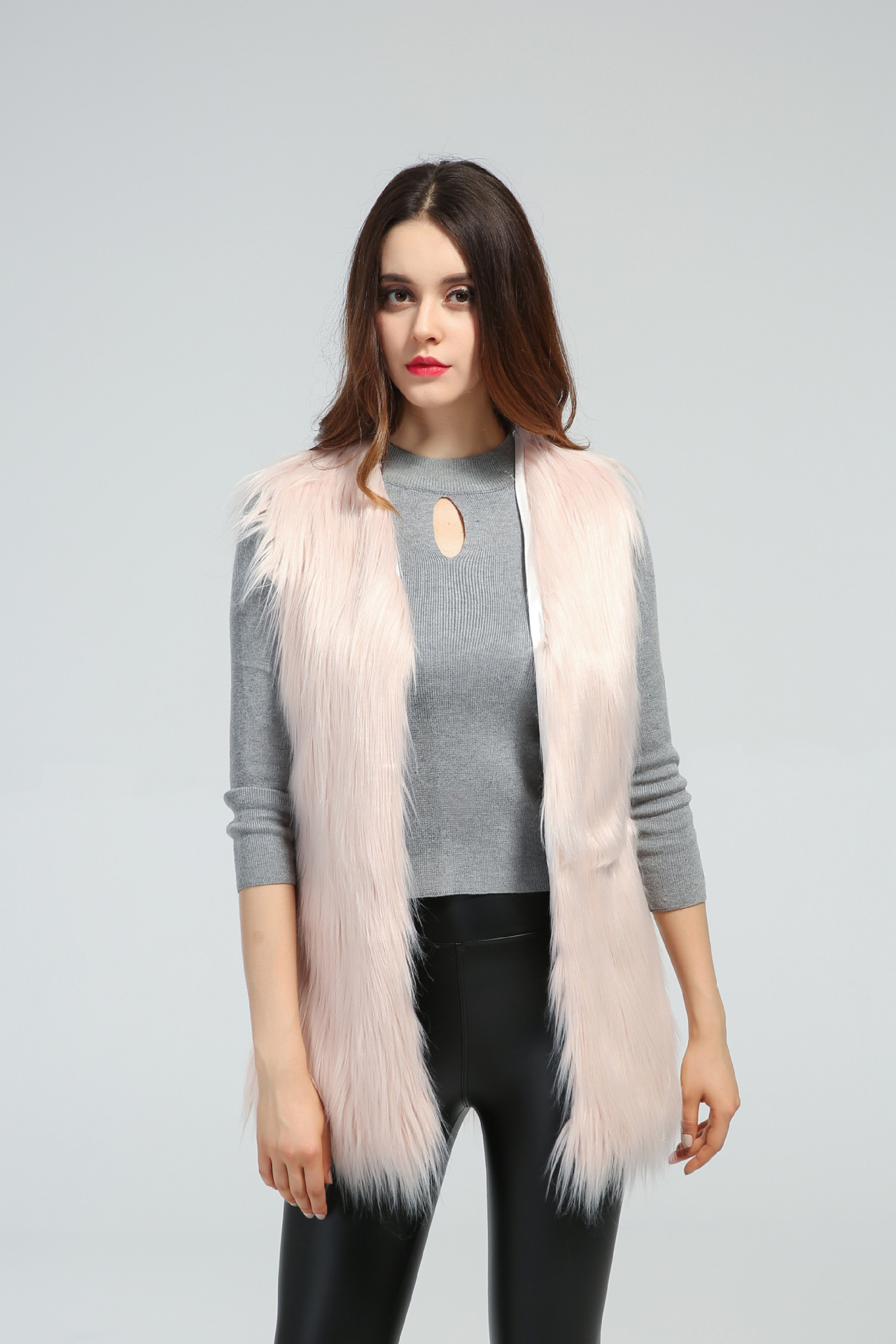 Faux Fur Vest Sleeveless Collarless Mid-Length 7 Colors