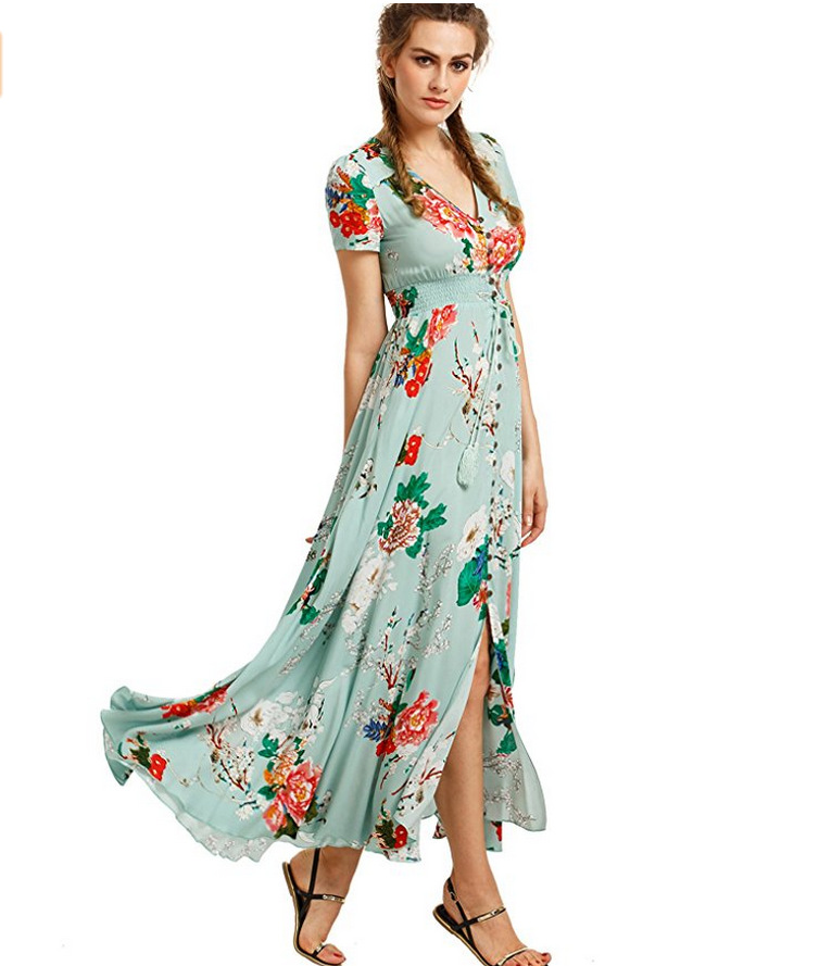Bohemian Vintage Floral V-Neck Loose Long Dress