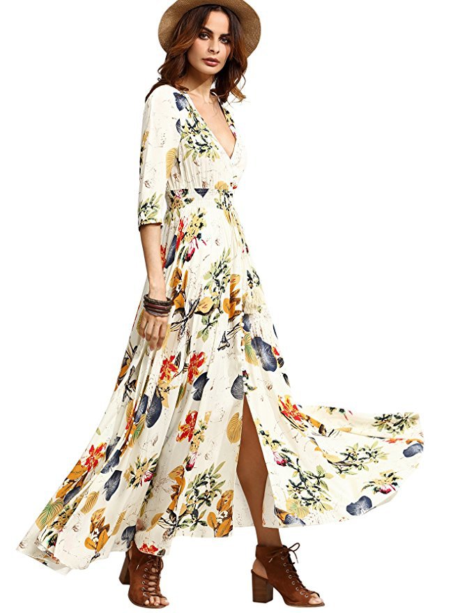 Bohemian Vintage Floral V-Neck Loose Long Dress