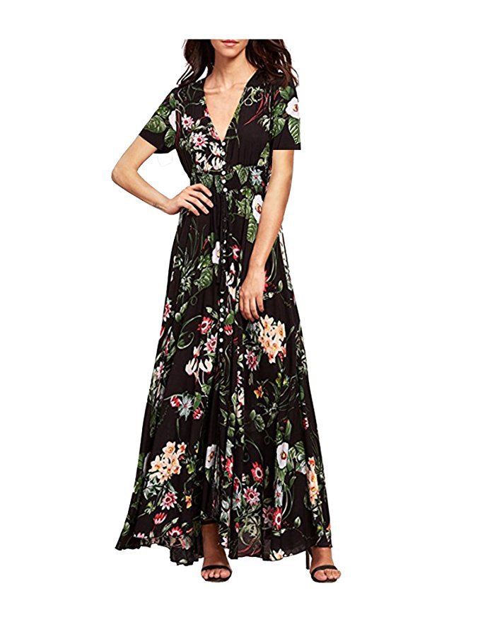 Bohemian Vintage Floral V-Neck Loose Long Dress