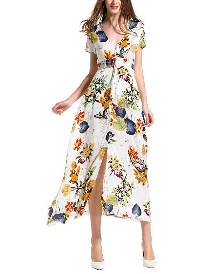 Bohemian Vintage Floral V-Neck Loose Long Dress