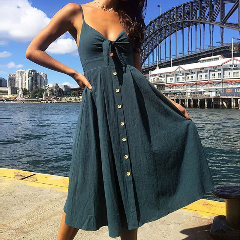 Sexy Sleeveless Button-Back Bow Dress