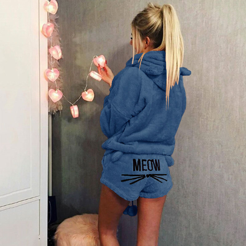 Cat Embroidered Hooded Loungewear Two-Piece Set
