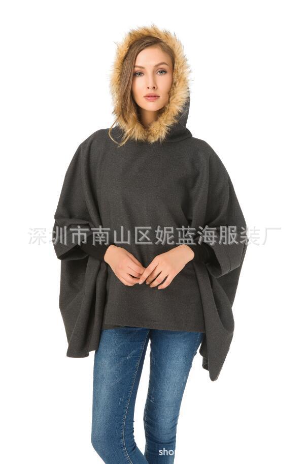 Plus Size Faux Wool Cape Coat with Faux Fur Collar