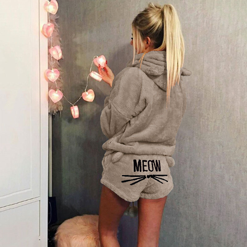 Cat Embroidered Hooded Loungewear Two-Piece Set