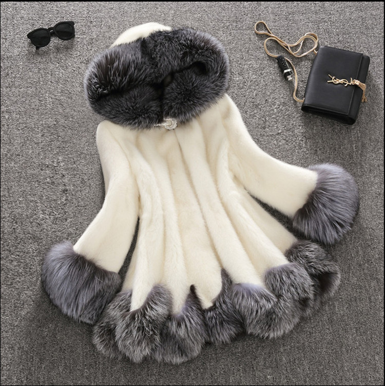 Women's Faux Fur Mink Coat Mid-Length Hooded