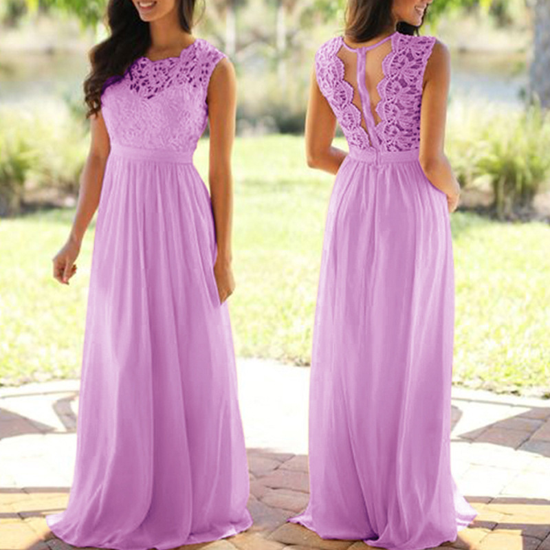 Round Neck Lace Trim Chiffon Dress