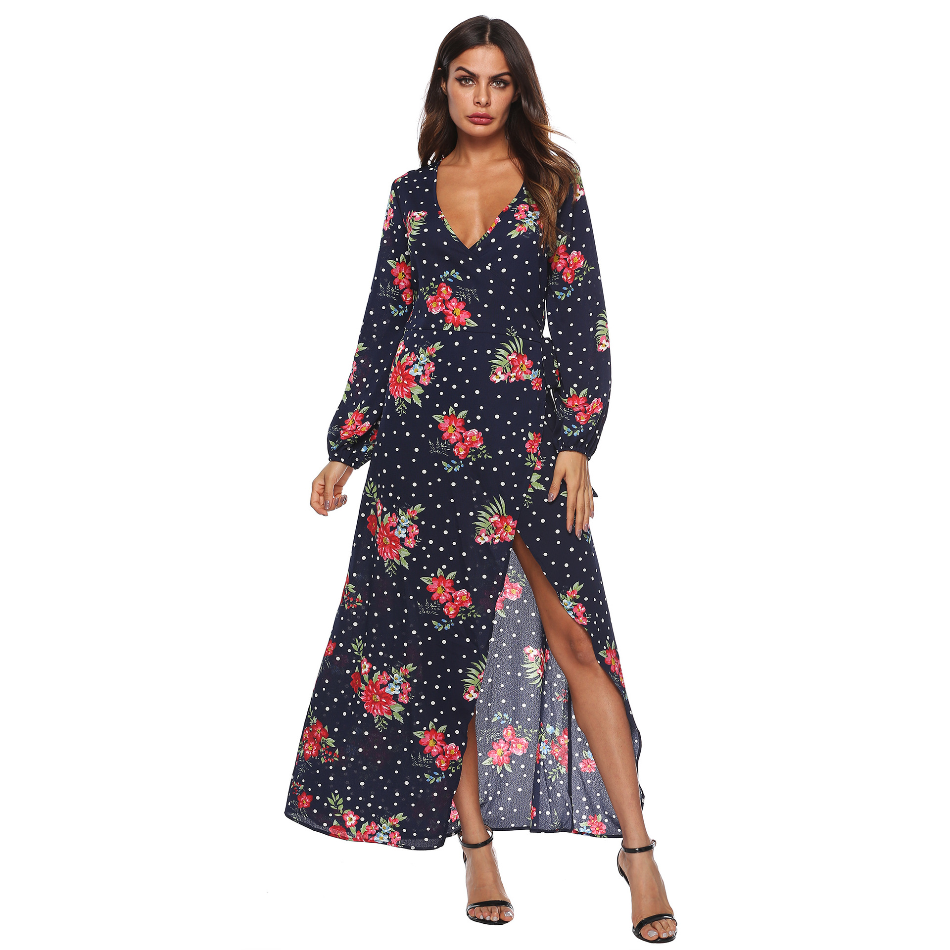 Chiffon Floral Print Lantern Sleeve Asymmetric Deep V-Neck Tie Long Dress