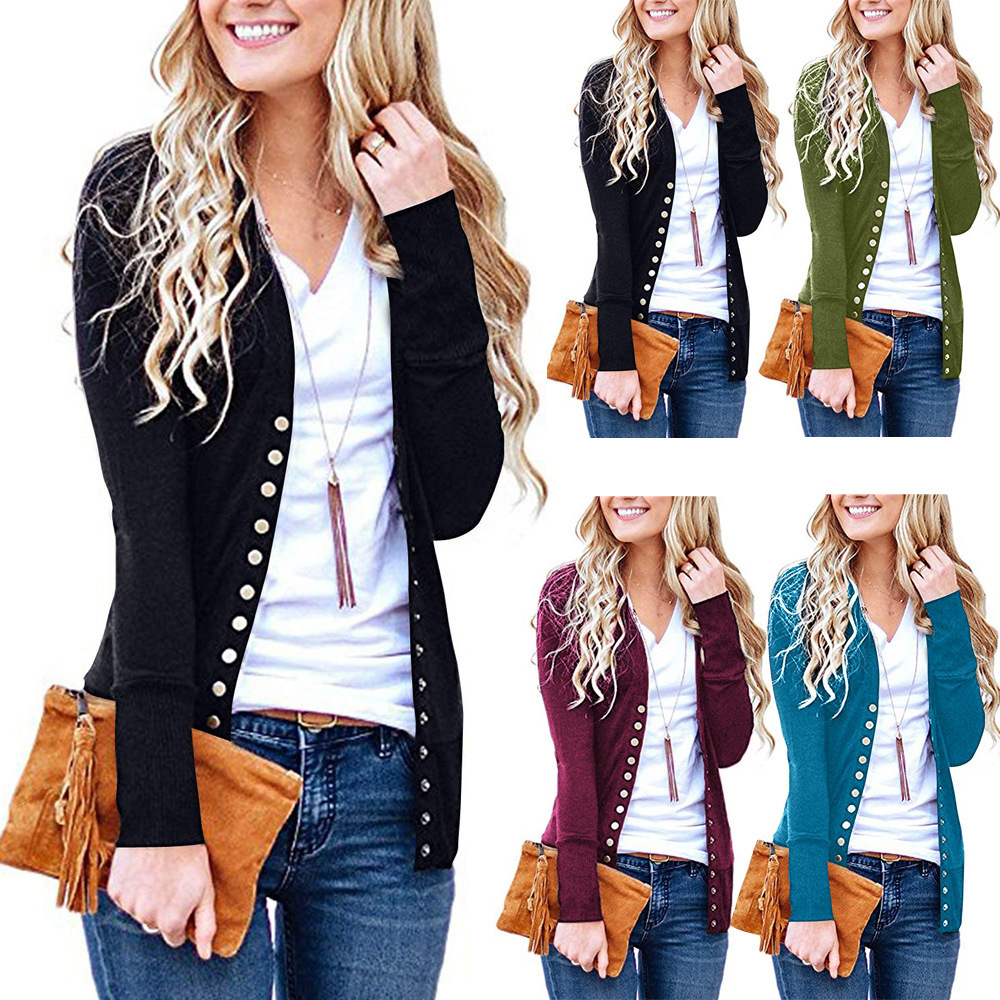 Women's Short Solid V-Neck Long-Sleeve Button Cardigan