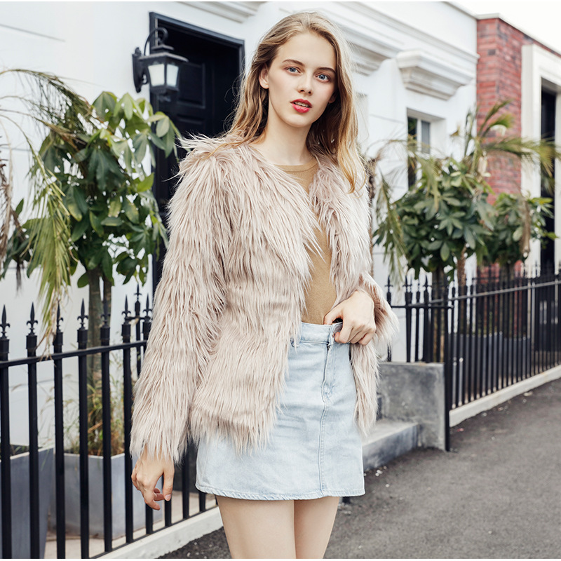 Plus Size Faux Fur Coat Short Crew Neck Nine-Tenth Sleeve