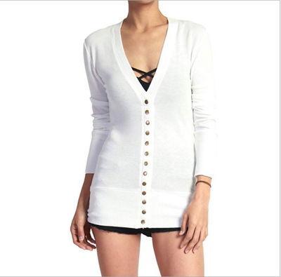 Women's Short Solid V-Neck Long-Sleeve Button Cardigan
