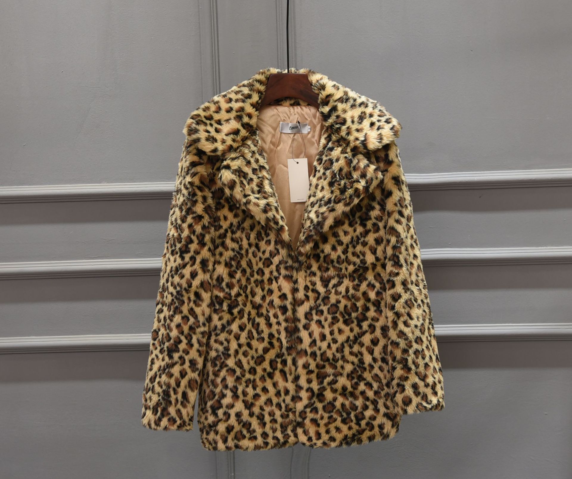 Faux Fur Blazer Coat Mid-Length Snow Leopard Print Black White
