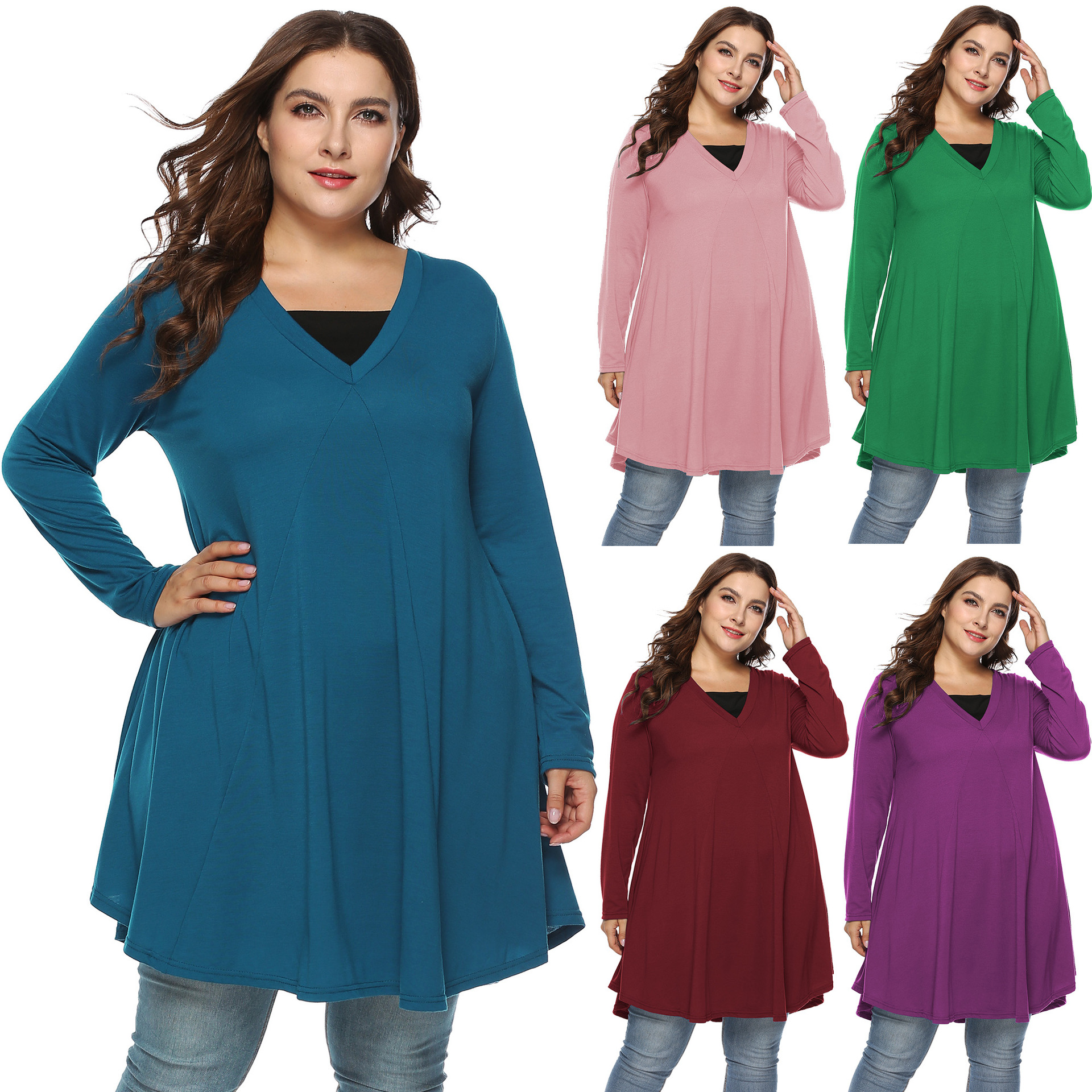 V-Neck Long Sleeve Asymmetric Faux Two-Piece Dress Plus Size