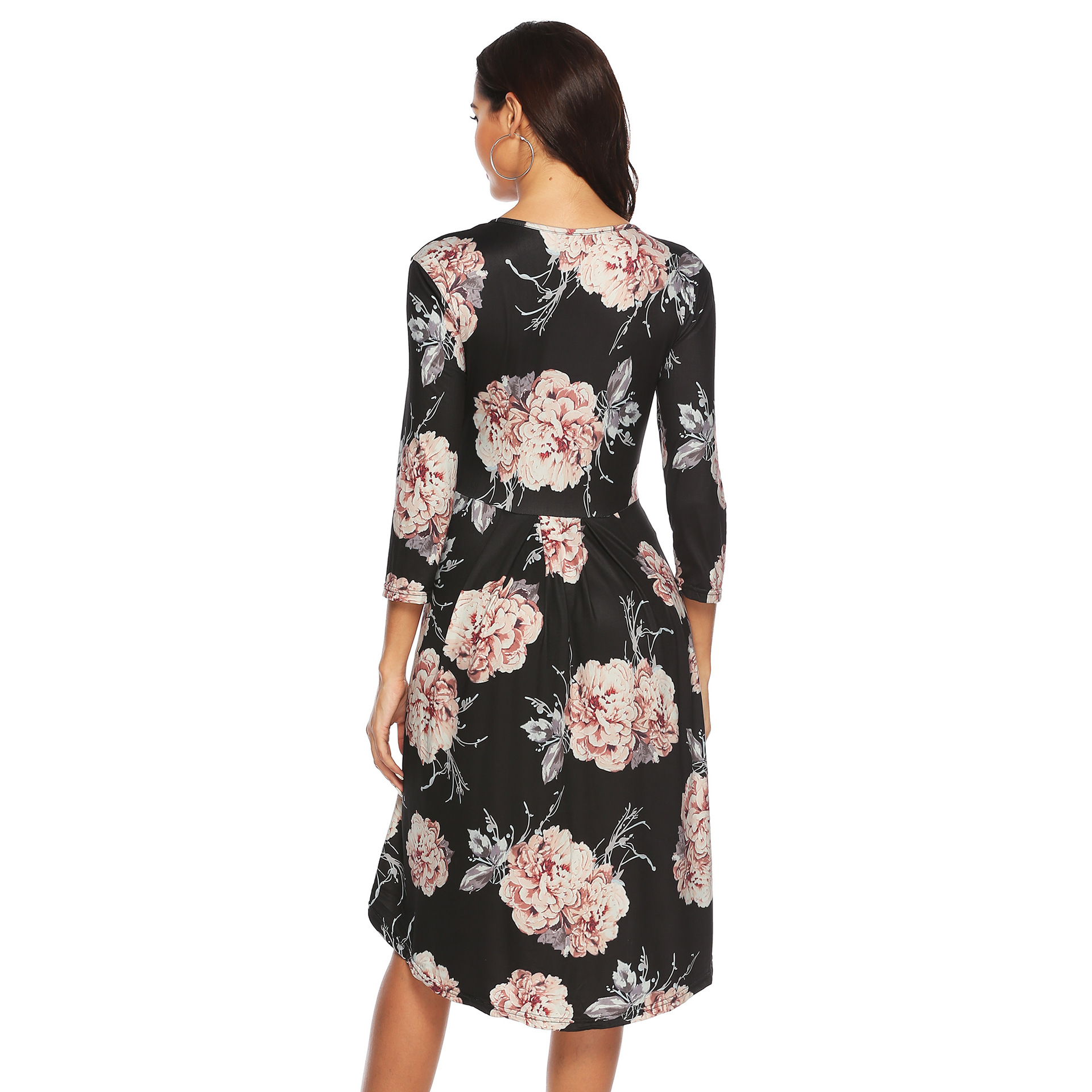 Women's 3/4 Sleeve Floral Print Asymmetrical Hem Dress with Pockets
