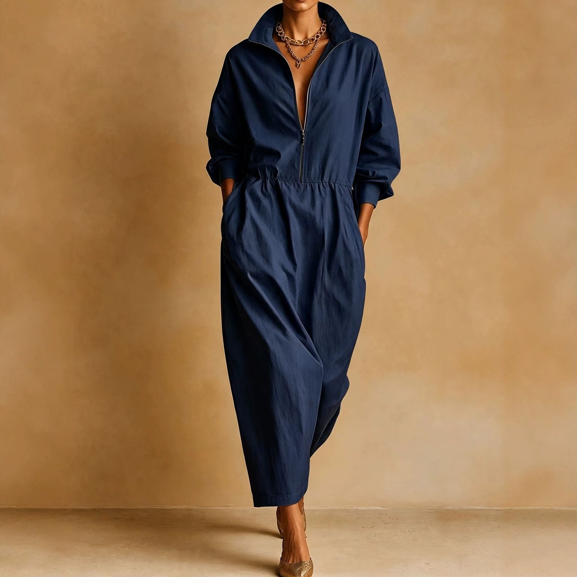 Women's Stand Collar Loose Pocket Midi Dress