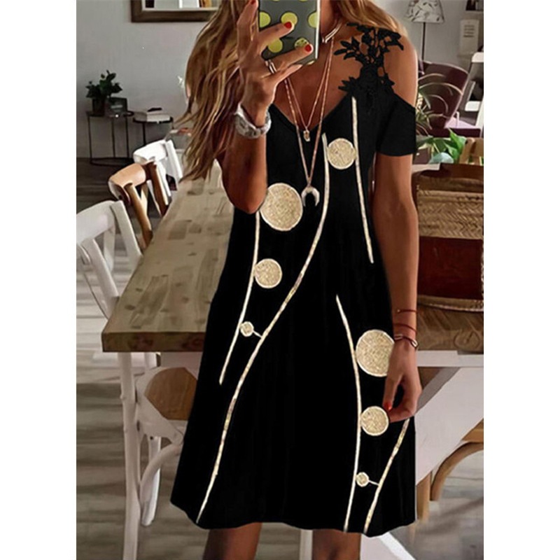Women's Floral Print Off-Shoulder Lace Short Sleeve Dress