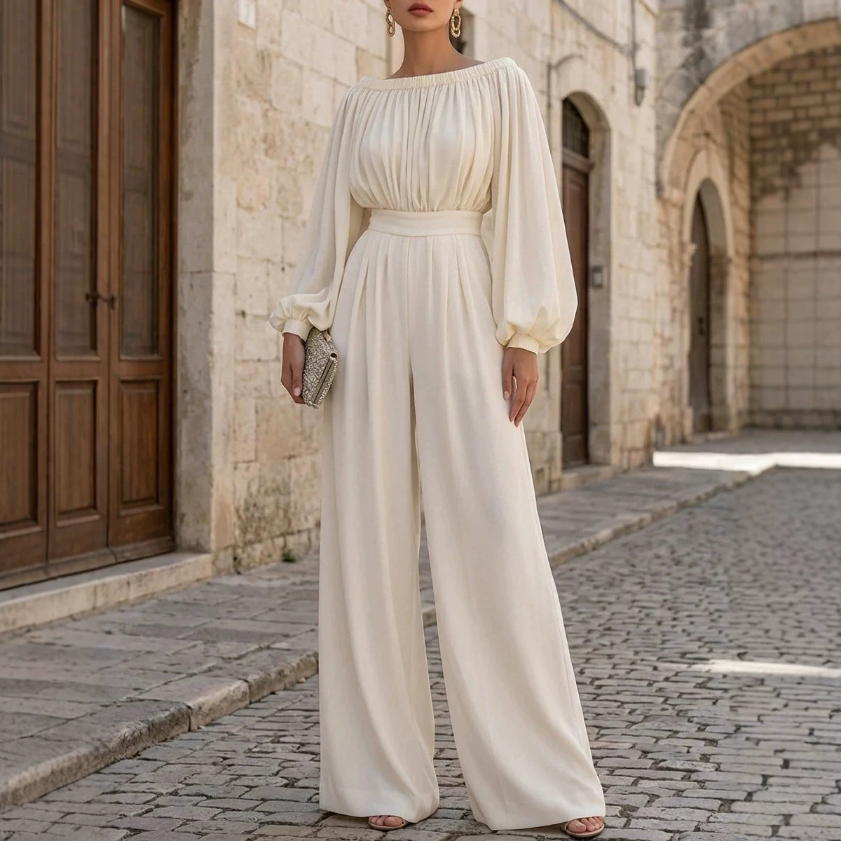 French Off-Shoulder Puff-Sleeve Wide-Leg Jumpsuit with Waist
