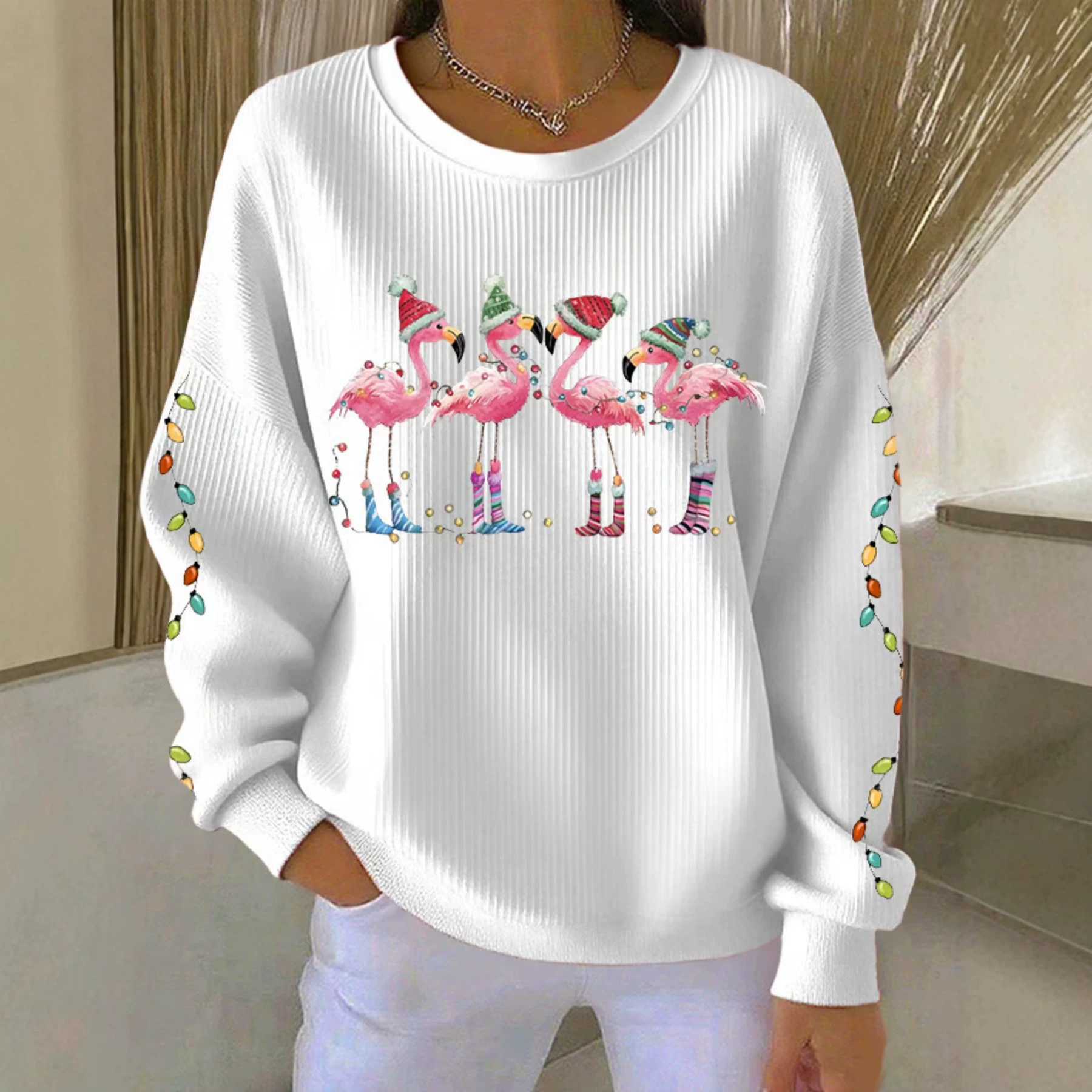 Flamingo Print Crewneck Long Sleeve Pullover Sweatshirt