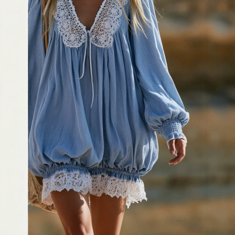 Bohemian Lace-Trim V-Neck Puff-Sleeve Mini Dress