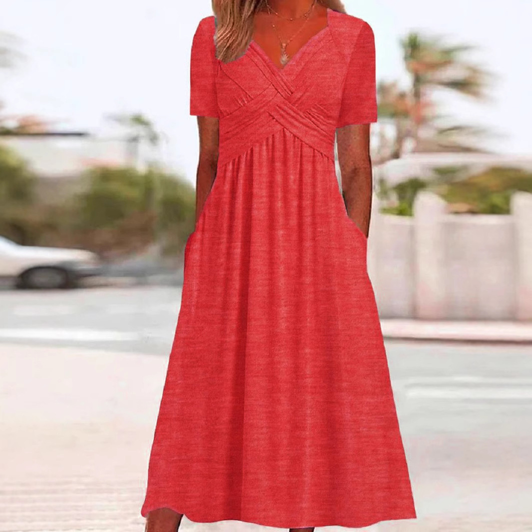 Women's Summer Short Sleeve Midi Dress with Pockets