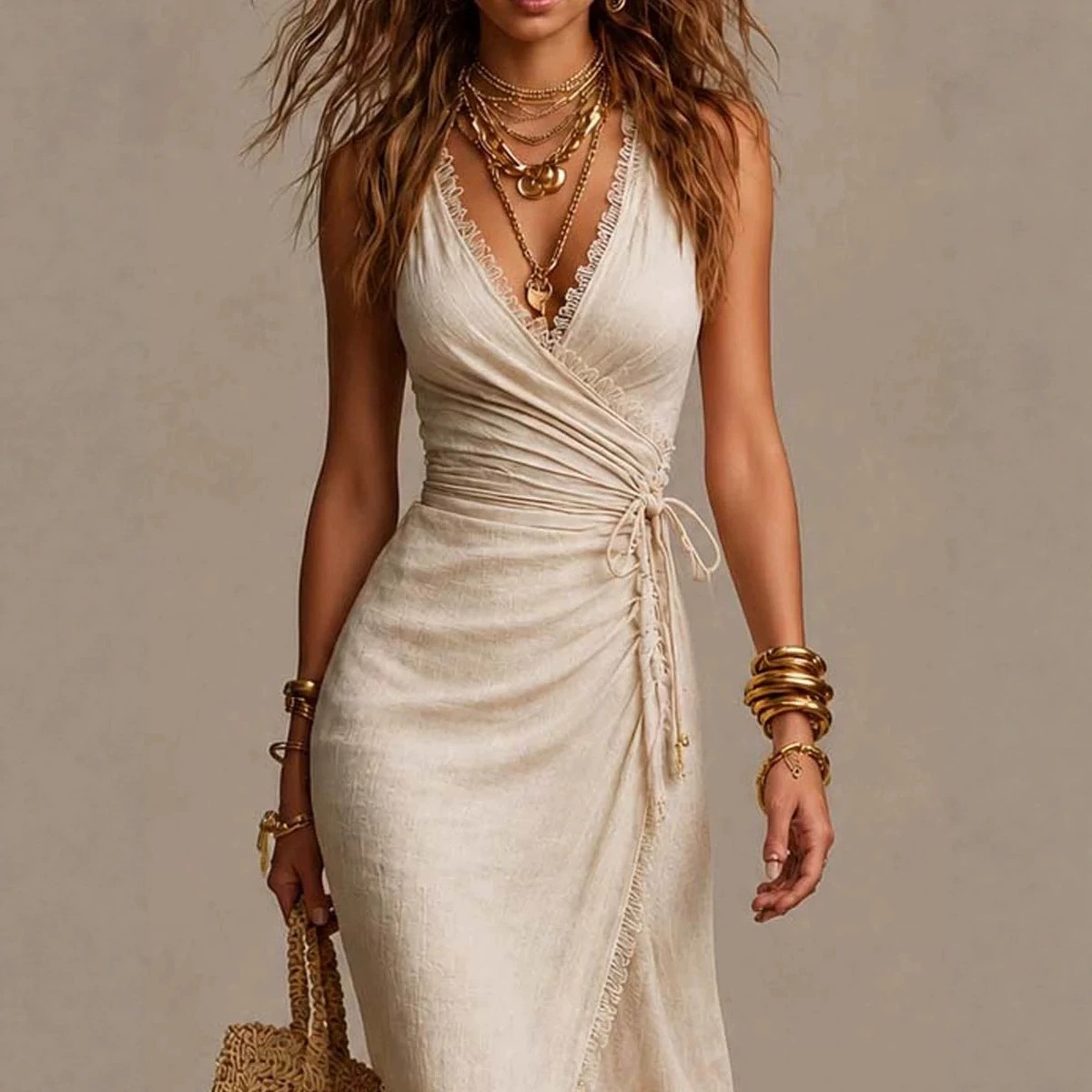 Off-White Textured V-Neck Wrap Tie Ruched Slit Long Dress