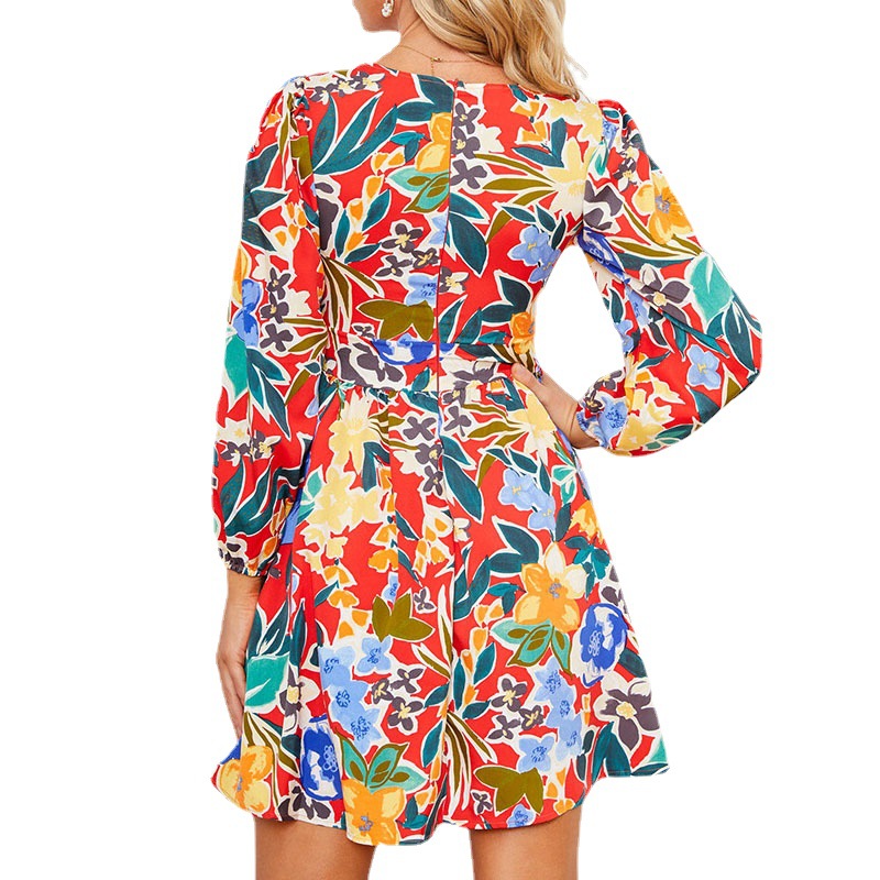 Abstract Print V-Neck Long Sleeve Slim Fit Short Dress