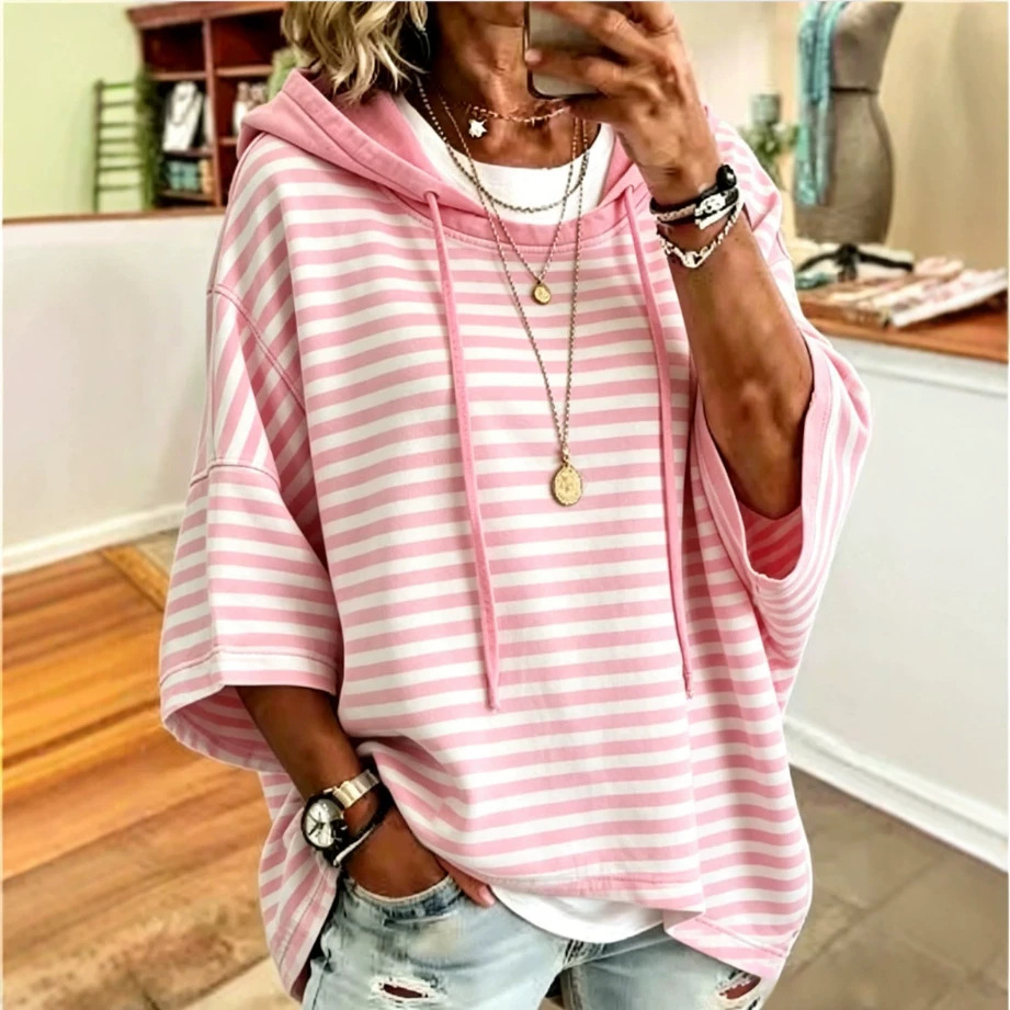 Women's Striped Hooded Pullover Sweatshirt with 3/4 Sleeves