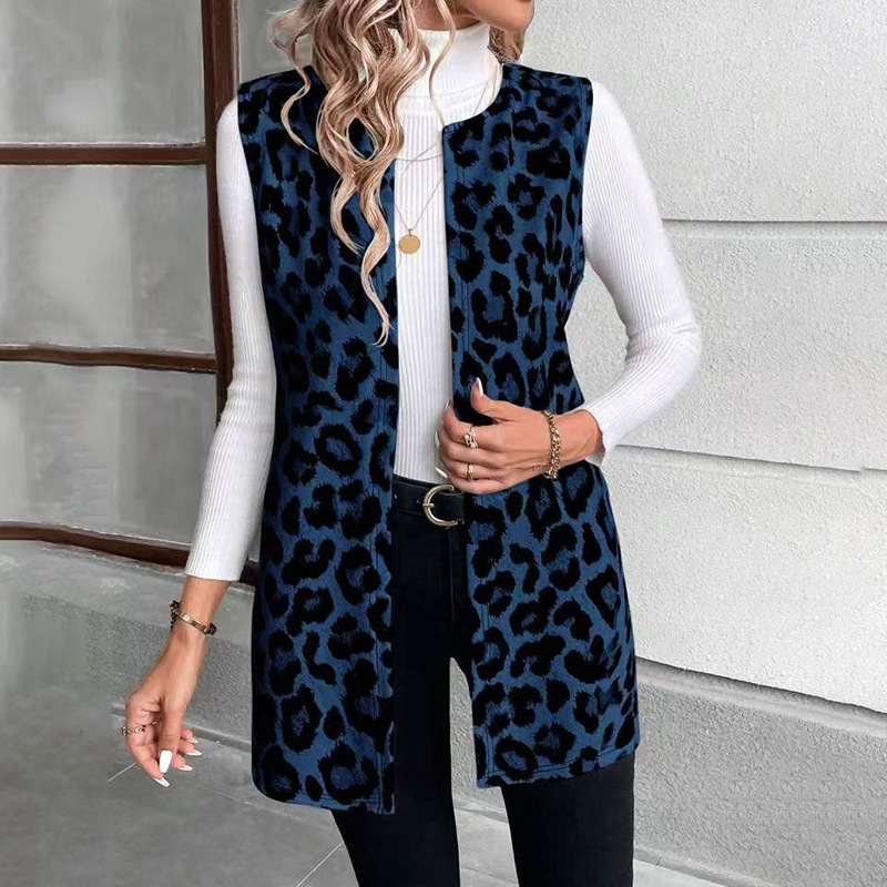Leopard Print Zip-Up Hooded Cardigan Vest