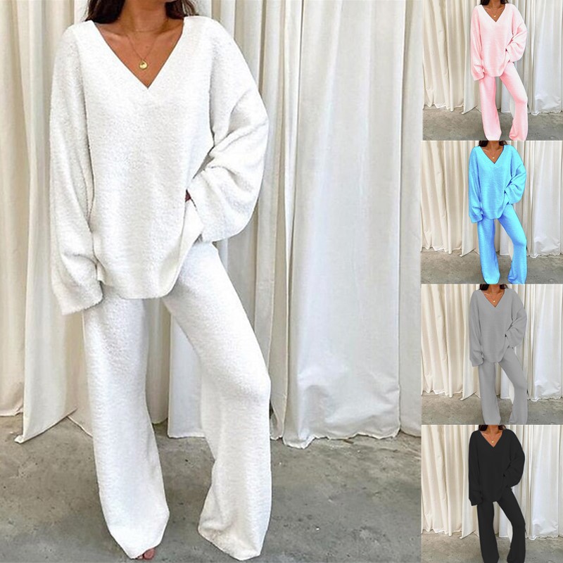 Women's Solid V-Neck Long-Sleeve Two-Piece Loungewear Set Warm Comfortable