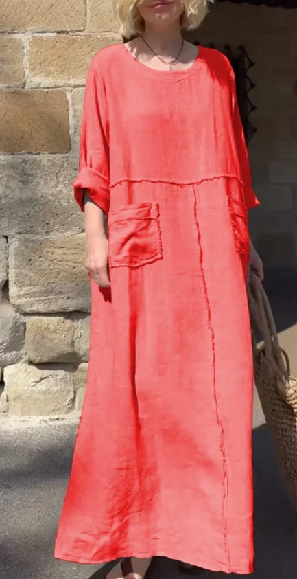 Women's Cotton-Linen Long Sleeve Round Neck Pleated Dress with Pockets