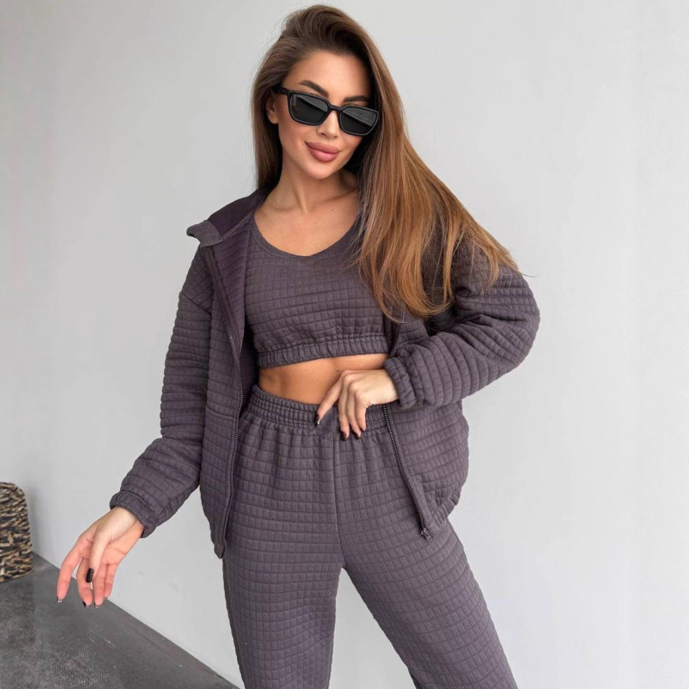 Women's Waffle Knit 3-Piece Sweatsuit Set Long Sleeve Solid Color