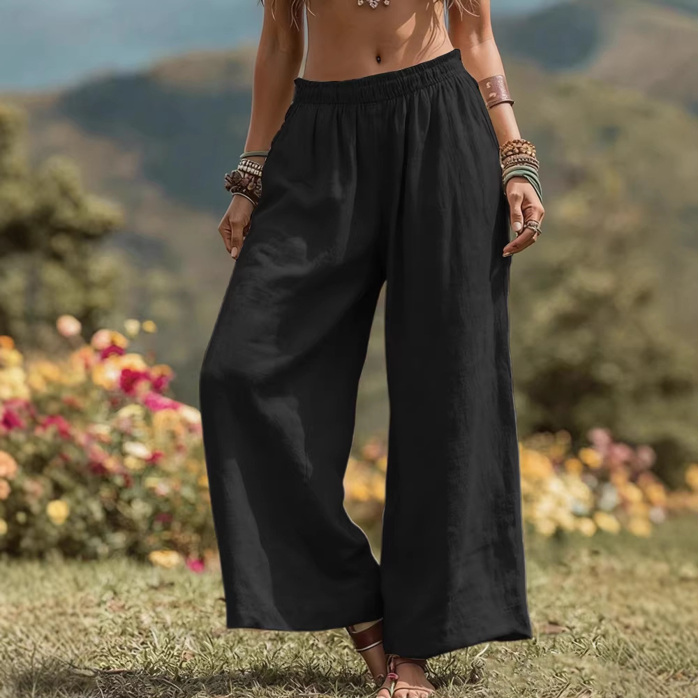 Women's Solid Color Wide-Leg Cotton Linen Pants with Pockets