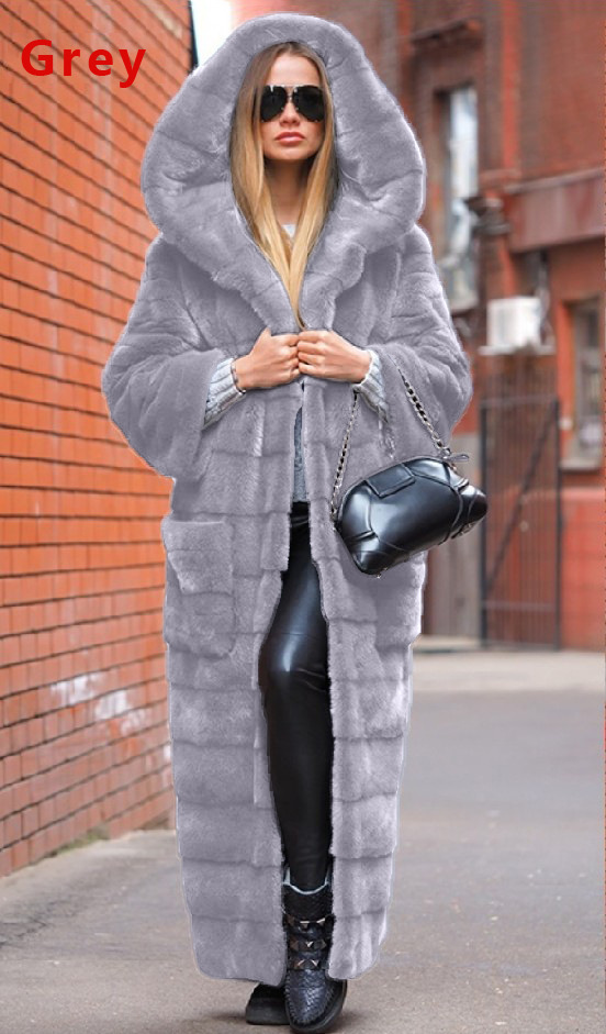 Faux Fur Hooded Padded Coat Longline Plush Women's Overcoat