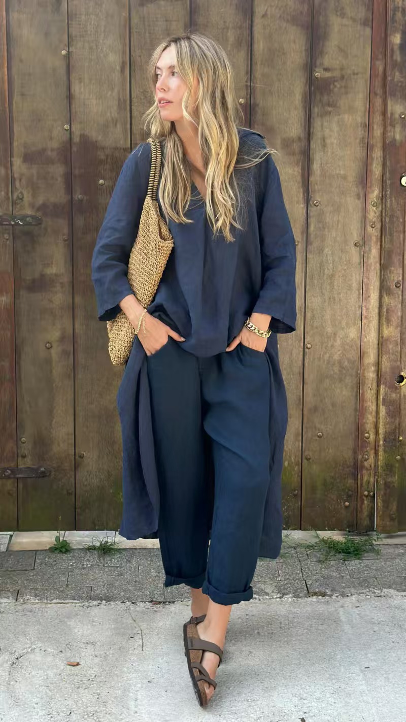 Women's Summer V-Neck Two-Piece Skirt Set with Pockets, Solid Color, Loose Fit