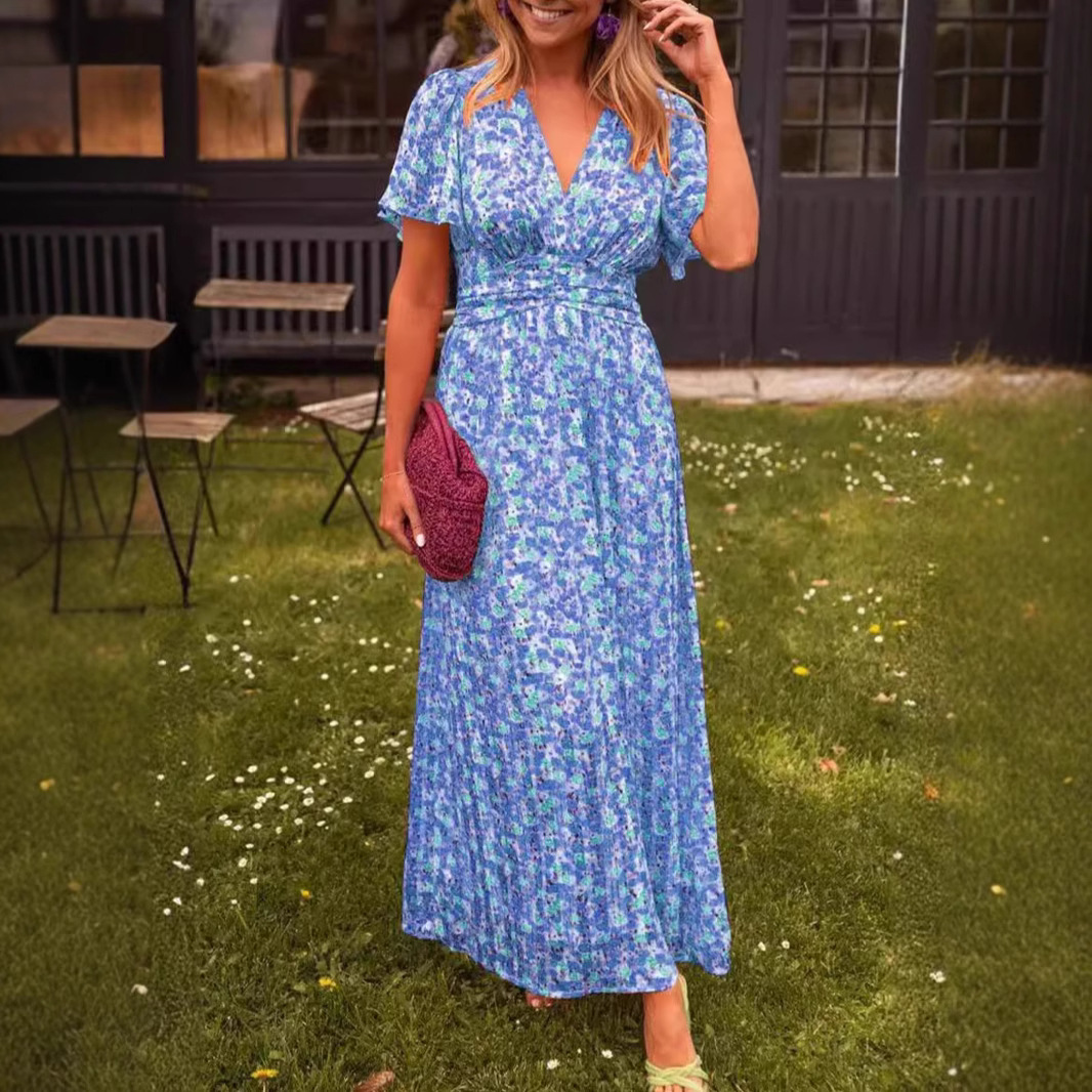 Floral Print V-Neck Cinched Waist A-Line Long Dress