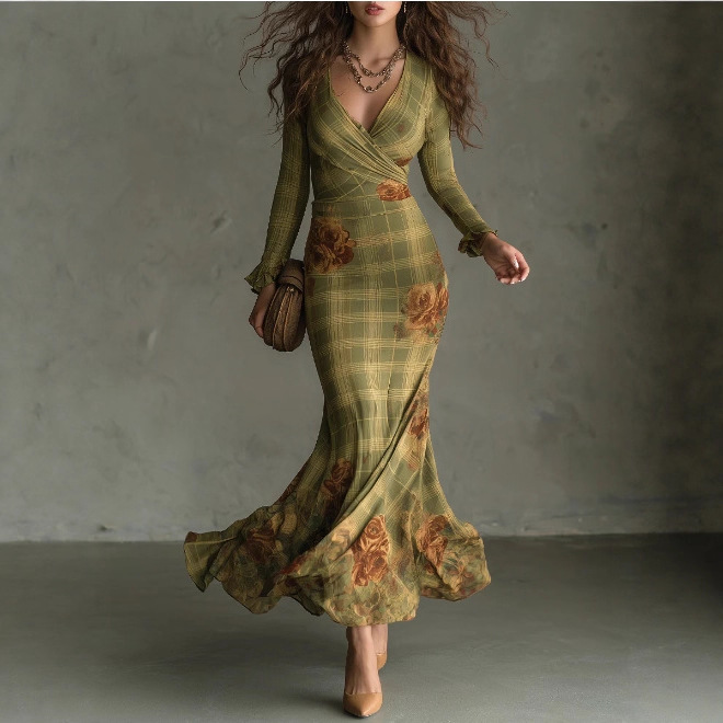 Vintage Plaid Rose Print Slim Mermaid Long Dress